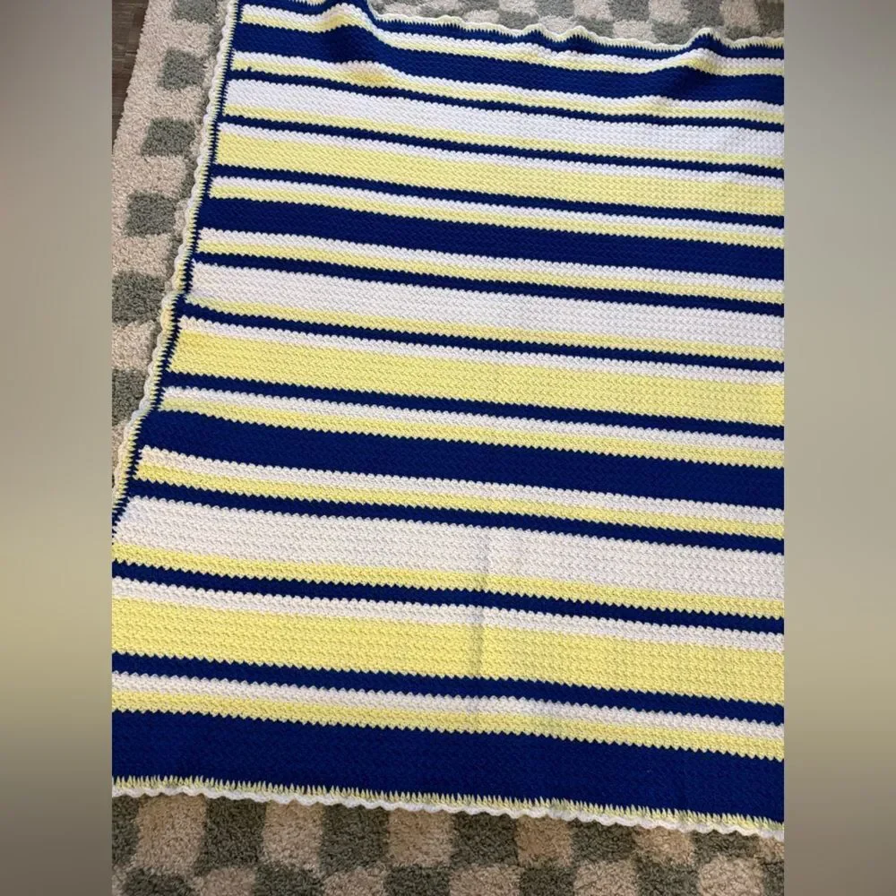 VTG Crochet Afghan Chevron Striped Blue Yellow Blanket Throw Michigan Football
